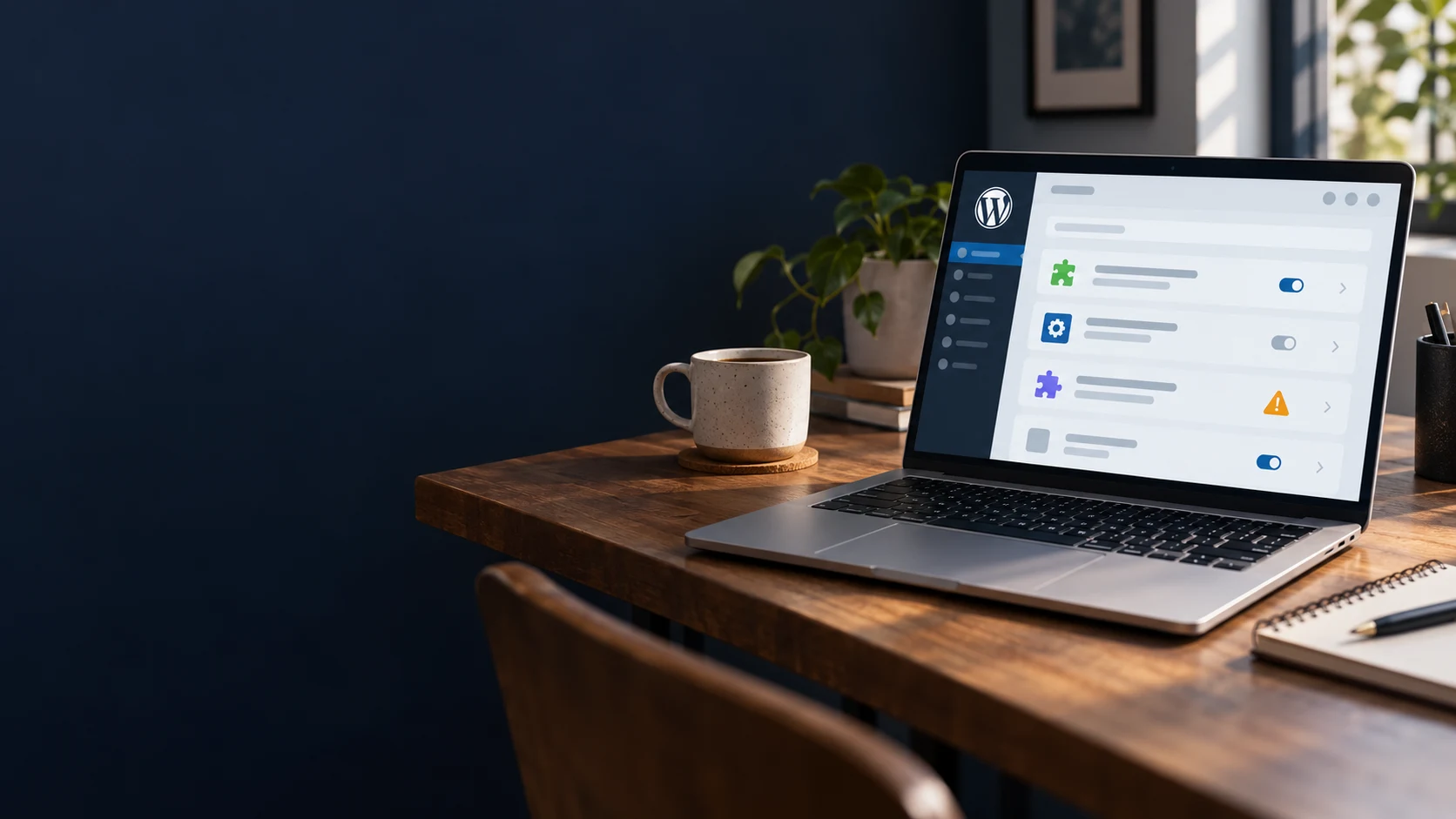 A laptop displaying a simplified WordPress plugin dashboard with a warning indicator.